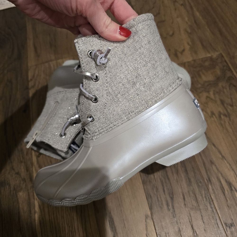 🆕 Sperry Topsider Core Saltwater Rain Duck Boots Grey Silver Iridescent Kids - Picture 15 of 16